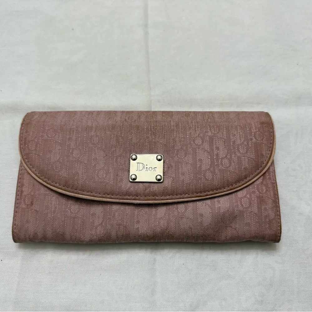 Dior Pink Brown Logo Jacquard Continental Wallet